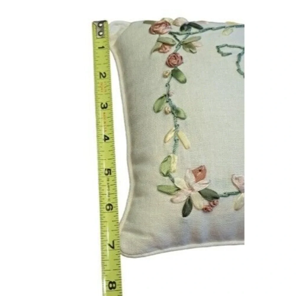 Treasured Friend Ribbon Embroidery Floral Accent Pillow Cream‎ 11x8